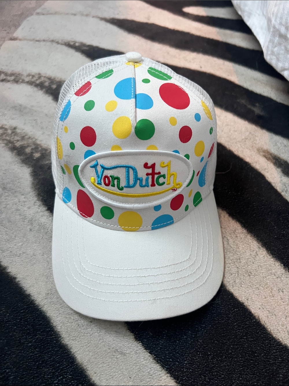Von Dutch Kids White Cap with Red Blue Yellow Green Polka Dots